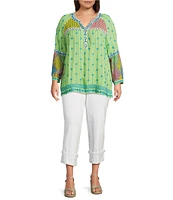 John Mark Plus Size Embroidered Mix Print Split V-Neck Long Raglan Sleeve Tunic