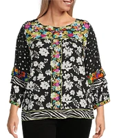 John Mark Plus Size Embroidered Mix Print Woven Scoop Neck 3/4 Sleeve Top