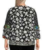 John Mark Plus Size Embroidered Mix Print Woven Scoop Neck 3/4 Sleeve Top