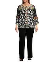 John Mark Plus Size Embroidered Mix Print Woven Scoop Neck 3/4 Sleeve Top