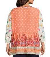 John Mark Plus Size Embroidered Mix Printed Split V-Neck 3/4 Bubble Sleeve Tunic