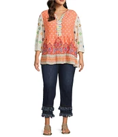 John Mark Plus Size Embroidered Mix Printed Split V-Neck 3/4 Bubble Sleeve Tunic