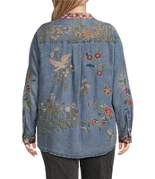 John Mark Plus Size Embroidered Mixed Media Collar 3/4 Sleeve Button Down Top