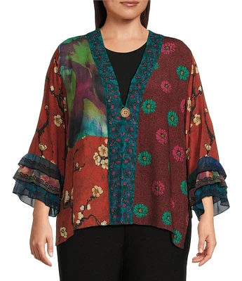 John Mark Plus Size Embroidered Mixed Print 3/4 Ruffled Tiered Sleeve One Button Front Kimono