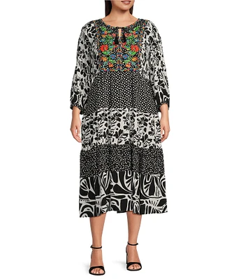 John Mark Plus Size Embroidered Mixed Print Split V-Neck 3/4 Sleeve Tiered Midi Dress