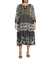 John Mark Plus Size Embroidered Mixed Print Split V-Neck 3/4 Sleeve Tiered Midi Dress