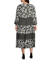 John Mark Plus Size Embroidered Mixed Print Split V-Neck 3/4 Sleeve Tiered Midi Dress