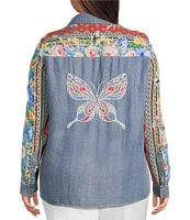 John Mark Plus Size Embroidered Multi Floral Point Collar Long Roll-Tab Sleeve Tie-Front Top