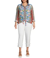 John Mark Plus Size Embroidered Multi Floral Point Collar Long Roll-Tab Sleeve Tie-Front Top
