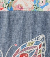 John Mark Plus Size Embroidered Multi Floral Point Collar Long Roll-Tab Sleeve Tie-Front Top