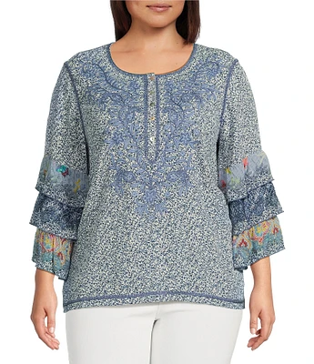 John Mark Plus Size Embroidered Multi Print Scoop Neck 3/4 Ruffled Tiered Sleeve Tunic