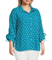 John Mark Plus Size Embroidered Polka Dot Cinch Tie Sleeve Button Front Tunic