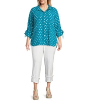 John Mark Plus Size Embroidered Polka Dot Cinch Tie Sleeve Button Front Tunic