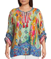 John Mark Plus Size Embroidered Printed Split V-Neck 3/4 Cinched Sleeve Tassel Tie Front Tunic