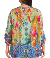 John Mark Plus Size Embroidered Printed Split V-Neck 3/4 Cinched Sleeve Tassel Tie Front Tunic