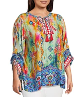 John Mark Plus Size Embroidered Printed Split V-Neck 3/4 Cinched Sleeve Tassel Tie Front Tunic