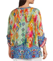 John Mark Plus Size Embroidered Printed Split V-Neck 3/4 Cinched Sleeve Tassel Tie Front Tunic