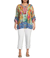 John Mark Plus Size Embroidered Printed Split V-Neck 3/4 Cinched Sleeve Tassel Tie Front Tunic