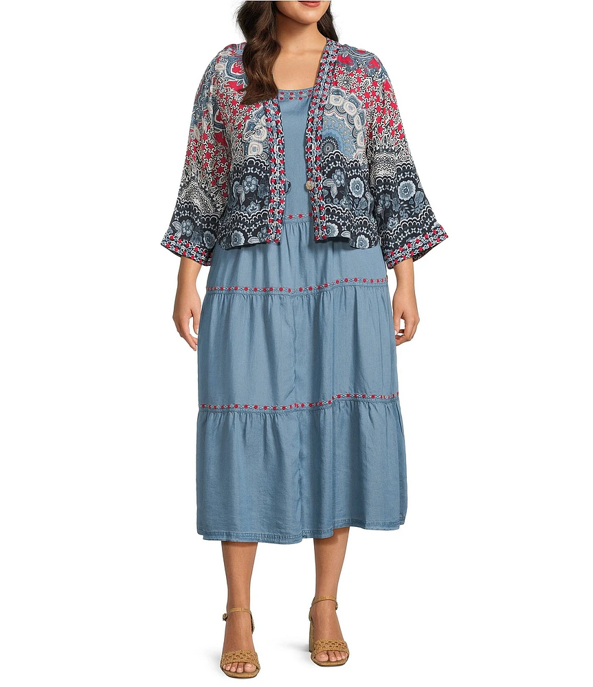 John Mark Plus Size Embroidered Printed Tiered Kimono Dress Set