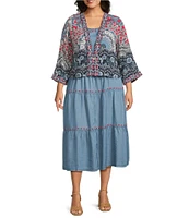 John Mark Plus Size Embroidered Printed Tiered Kimono Dress Set
