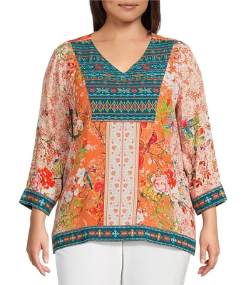 John Mark Plus Size Embroidered Printed V-Neck 3/4 Sleeve Top