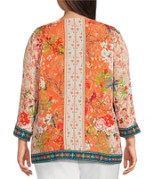 John Mark Plus Size Embroidered Printed V-Neck 3/4 Sleeve Top