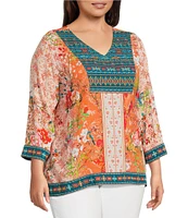 John Mark Plus Size Embroidered Printed V-Neck 3/4 Sleeve Top