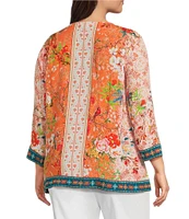 John Mark Plus Size Embroidered Printed V-Neck 3/4 Sleeve Top