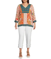 John Mark Plus Size Embroidered Printed V-Neck 3/4 Sleeve Top