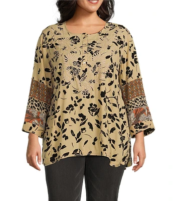 John Mark Plus Size Embroidered Round Neck 3/4 Sleeve Button Up Tunic Top