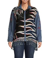 John Mark Plus Size Embroidered Scarf Jacquard Point Collar Long Roll-Tab Sleeve Button-Front Blouse