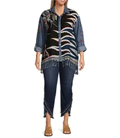 John Mark Plus Size Embroidered Scarf Jacquard Point Collar Long Roll-Tab Sleeve Button-Front Blouse