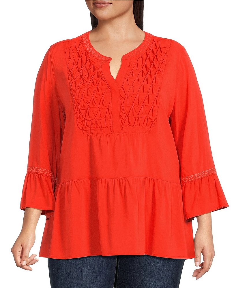 John Mark Plus Size Embroidered Split-Neck 3/4 Ruffle Flounce Sleeve Tunic