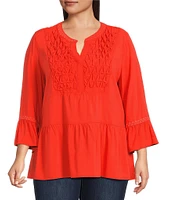 John Mark Plus Size Embroidered Split-Neck 3/4 Ruffle Flounce Sleeve Tunic