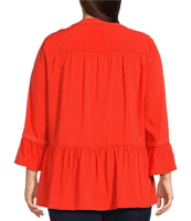 John Mark Plus Size Embroidered Split-Neck 3/4 Ruffle Flounce Sleeve Tunic