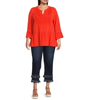 John Mark Plus Size Embroidered Split-Neck 3/4 Ruffle Flounce Sleeve Tunic