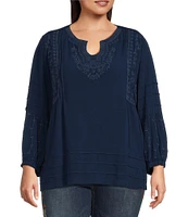 John Mark Plus Size Embroidered Split Round Neck 3/4 Sleeve Top