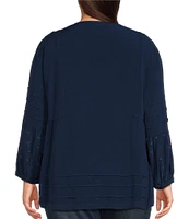 John Mark Plus Size Embroidered Split Round Neck 3/4 Sleeve Top