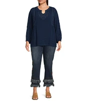 John Mark Plus Size Embroidered Split Round Neck 3/4 Sleeve Top