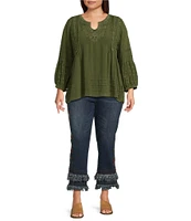 John Mark Plus Size Embroidered Split Round Neck 3/4 Sleeve Top