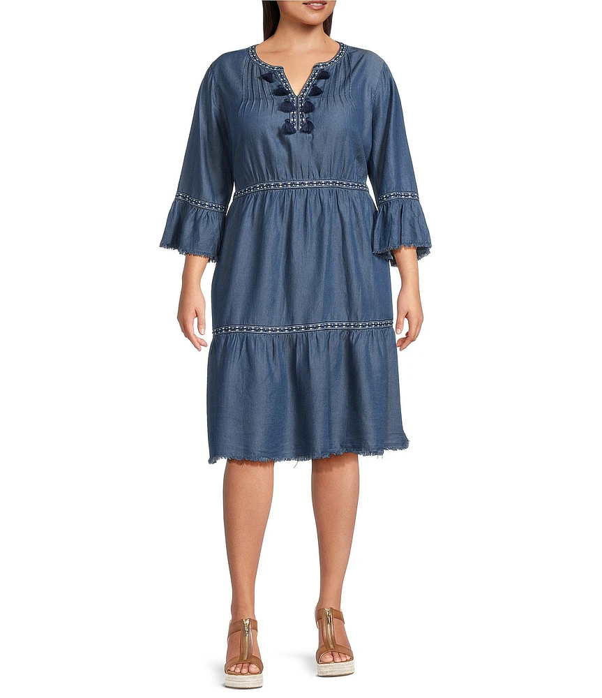 John Mark Plus Size Embroidered Split V-Neck 3/4 Flounce Sleeve Tiered Dress