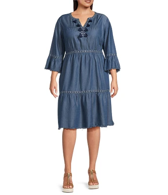 John Mark Plus Size Embroidered Split V-Neck 3/4 Flounce Sleeve Tiered Dress