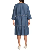 John Mark Plus Size Embroidered Split V-Neck 3/4 Flounce Sleeve Tiered Dress