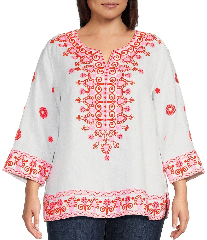John Mark Plus Size Embroidered Split V-Neck 3/4 Sleeve Hi-Low Hem Tunic