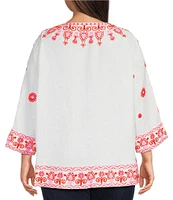 John Mark Plus Size Embroidered Split V-Neck 3/4 Sleeve Hi-Low Hem Tunic