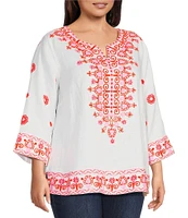 John Mark Plus Size Embroidered Split V-Neck 3/4 Sleeve Hi-Low Hem Tunic