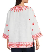 John Mark Plus Size Embroidered Split V-Neck 3/4 Sleeve Hi-Low Hem Tunic