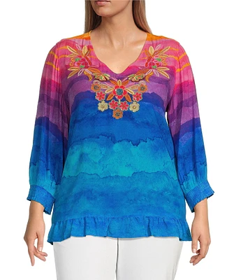 John Mark Plus Size Embroidered Tie-Dye V-Neck 3/4 Sleeve Top