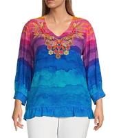 John Mark Plus Size Embroidered Tie-Dye V-Neck 3/4 Sleeve Top