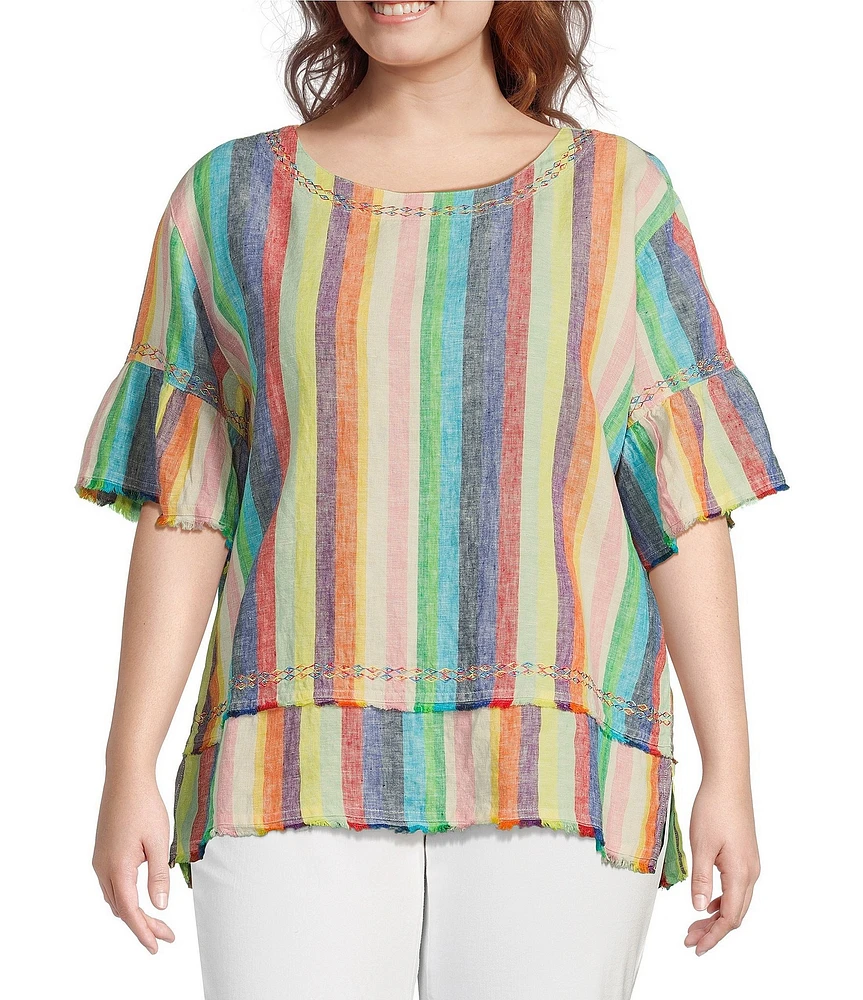 John Mark Plus Size Embroidered Yarn-Dye Stripe Crew Neck Short Ruffle Hi-Low Hem Top
